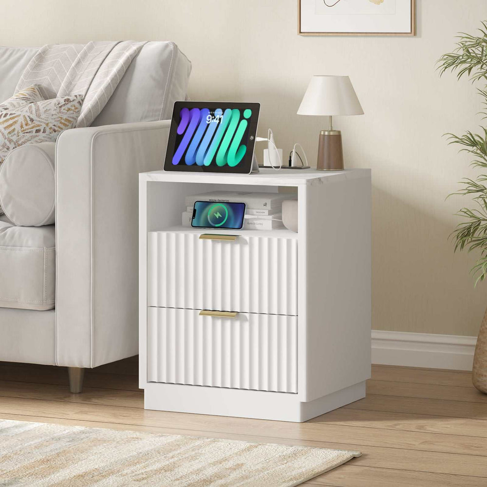 White Bedside Table with Charging Station 2 Drawers for Bedroom Living room Office