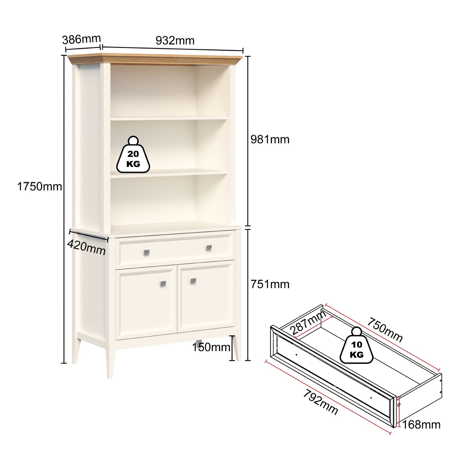 MerryLuk Coogee Display Cabinet Bookshelves Storage Hutch 2 Door 1 Drawer