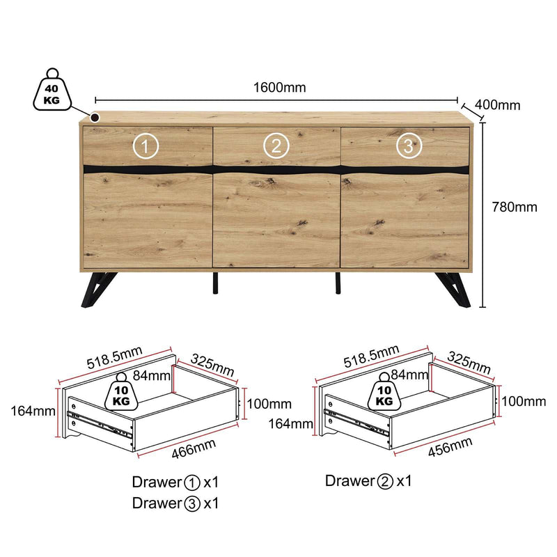 Merryluk Grayson 3 Doors 3 Drawers Buffet Sideboard, Oak 160 CM