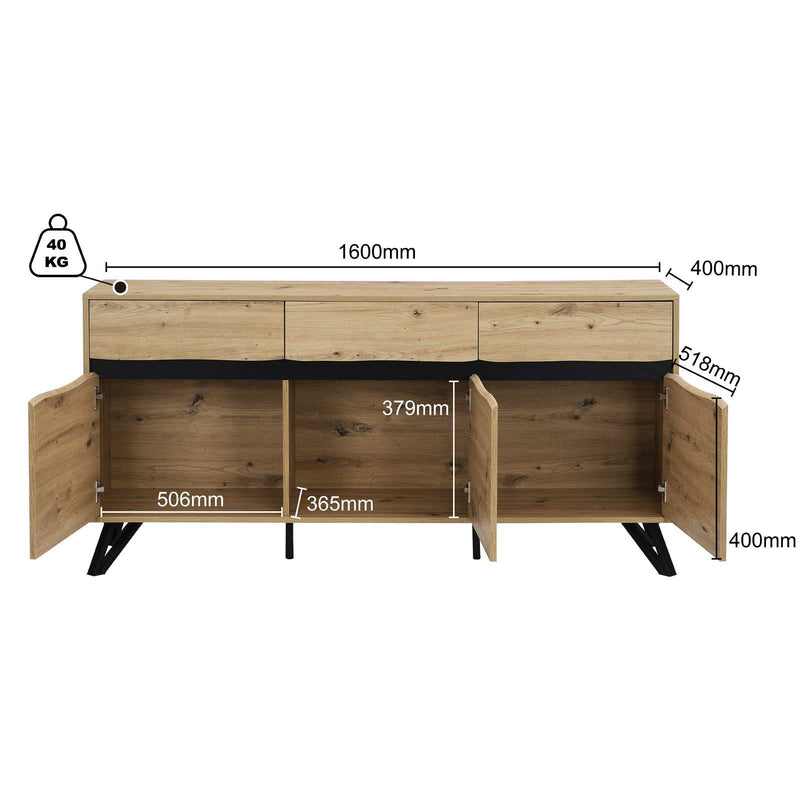 Merryluk Grayson 3 Doors 3 Drawers Buffet Sideboard, Oak 160 CM