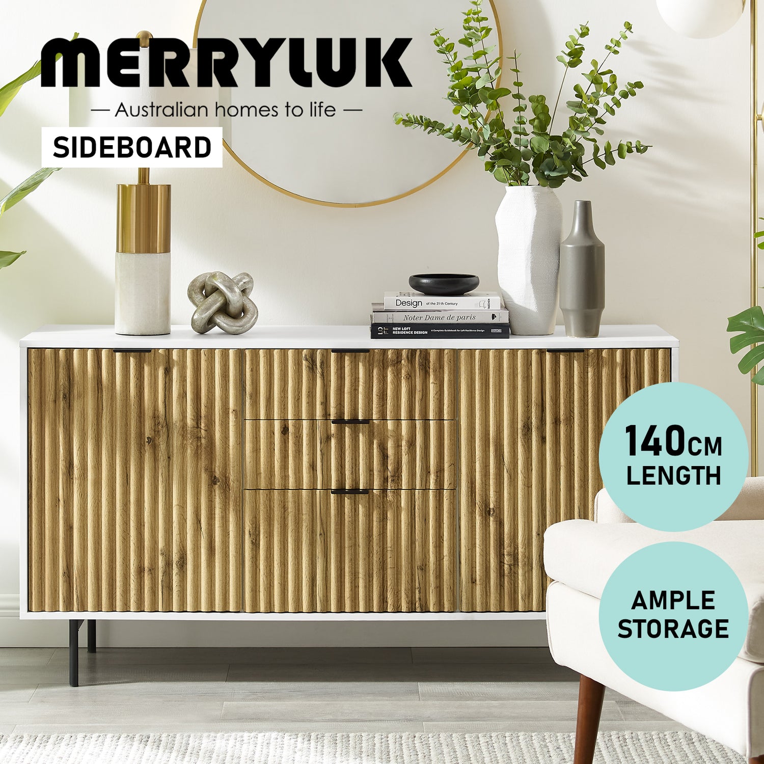 MerryLuk Chelsea Sideboard Buffet 3 Drawer 2 Door Storage Cabinet